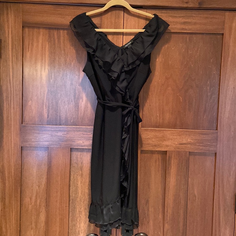 White House Black Market black dress with v-neck, ruffle and tie